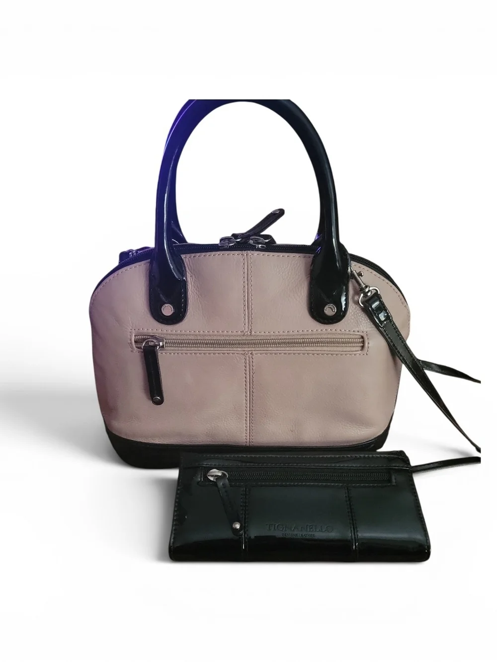 Tignanello Blush Leather and Black Patent Dome Satchel with Matching Wallet